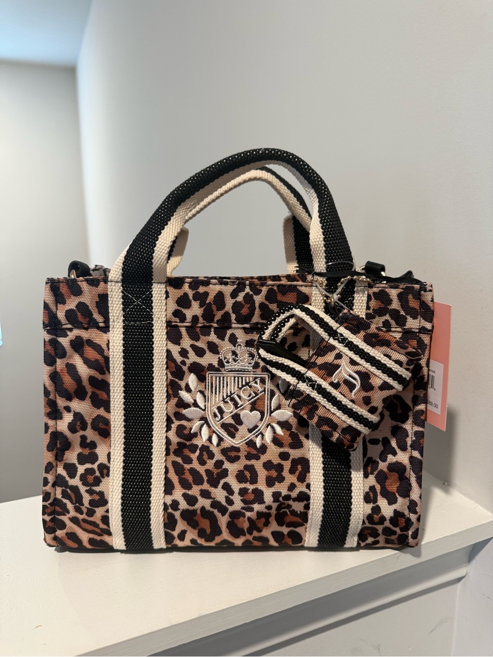 Juicy Couture Leopard Print Canvas Mini Tote Bag with Striped Handles